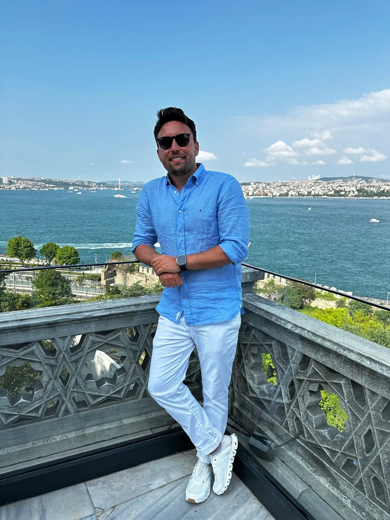 Markus Behmann on a terrace above the sea